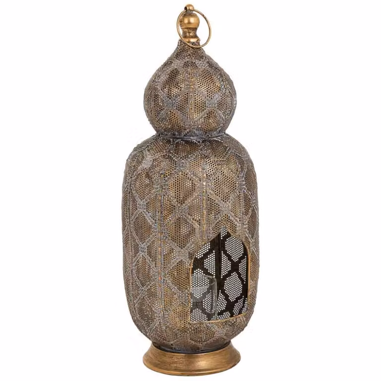 Portavelas de mesa Wanderlust Deco estilo marroquí con diseño geométrico en metal marrón y dorado para velas de tipo pilar