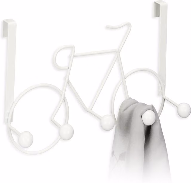 Perchero de puerta con 5 ganchos y diseño de bicicleta de relaxdays en metal color blanco, An/P/Al: 22 x 32 x 10 cm