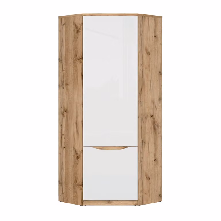 Armario de esquina moderno con una puerta y acabado brillante en blanco y marrón para dormitorio, An/P/Al: 78 x 79 x 198 cm