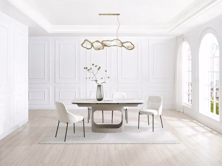 Mesa de comedor extensible Maison Céphy con efecto mármol blanco, cerámica y cristal templado para 6 a 10 personas, An/P/Al: 133 x 90 x 75 cm