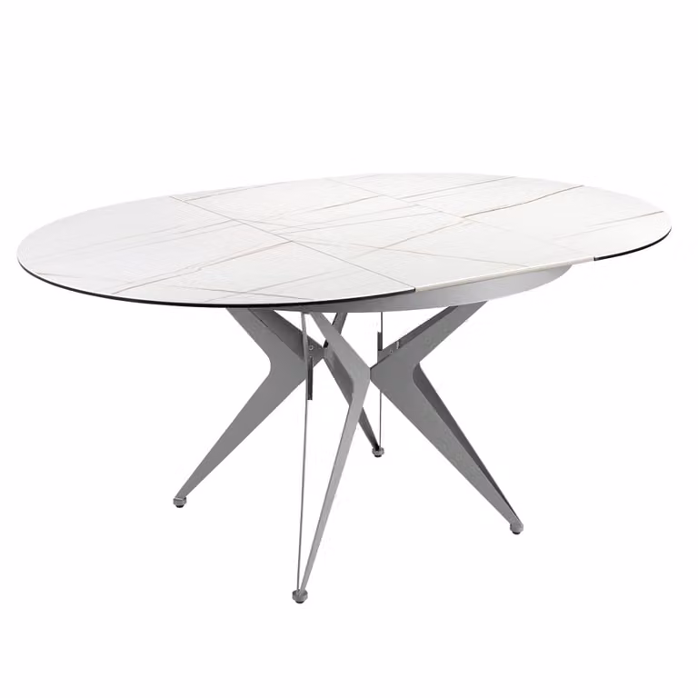 Mesa de comedor extensible redonda Angel Cerdá con sobre de cerámica y estructura de acero en colores blanco, gris y marrón, Diámetro: 120 cm, Altura: 77 cm