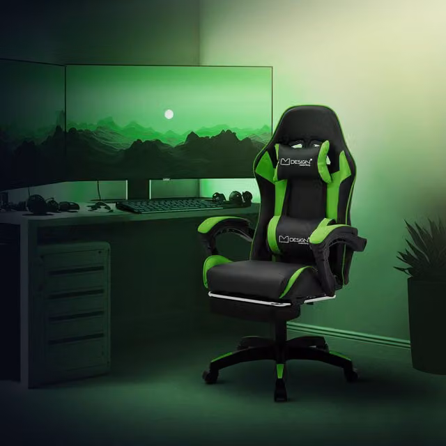 Silla de gaming ergonómica ML Design Modern Living en color verde y negro con reposacabezas y diseño deportivo para adultos