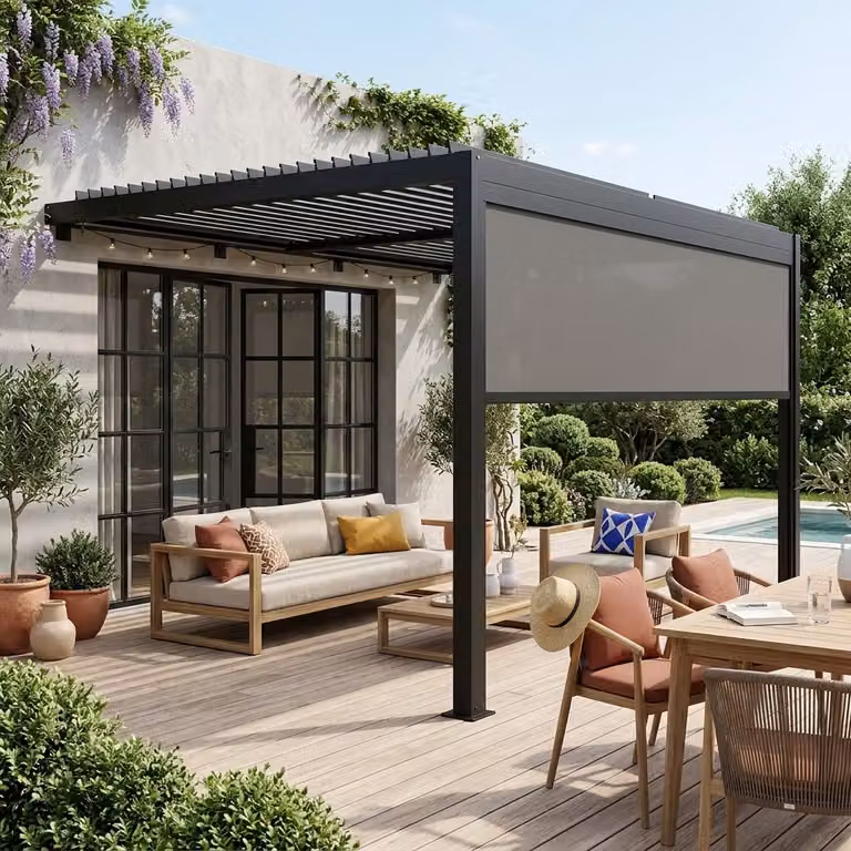 Pérgola bioclimática adosada Sweeek Palace de aluminio y acero en color negro con toldo, An/P/Al: 388 x 292 x 224 cm
