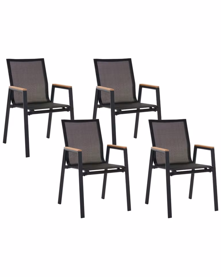 Conjunto de 4 sillas de jardín Beliani apilables de aluminio con acabado en negro mate y tejido textilene