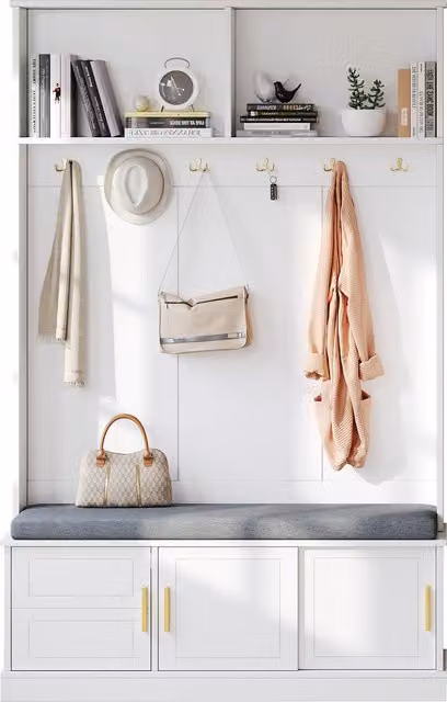 Conjunto de armario de entrada Stilvora con banco zapatero, estantería y 6 ganchos, estilo moderno, blanco, An/P/Al: 120 x 40 x 191 cm