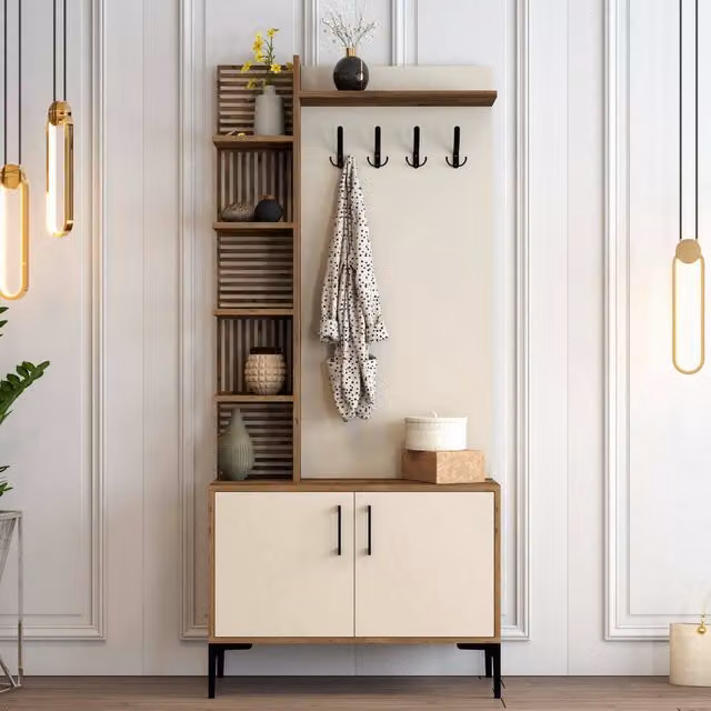 Mueble de entrada Loredana DMORA con 4 estantes, perchero y 2 puertas, acabado nogal y blanco, An/P/Al: 90 x 35 x 200 cm