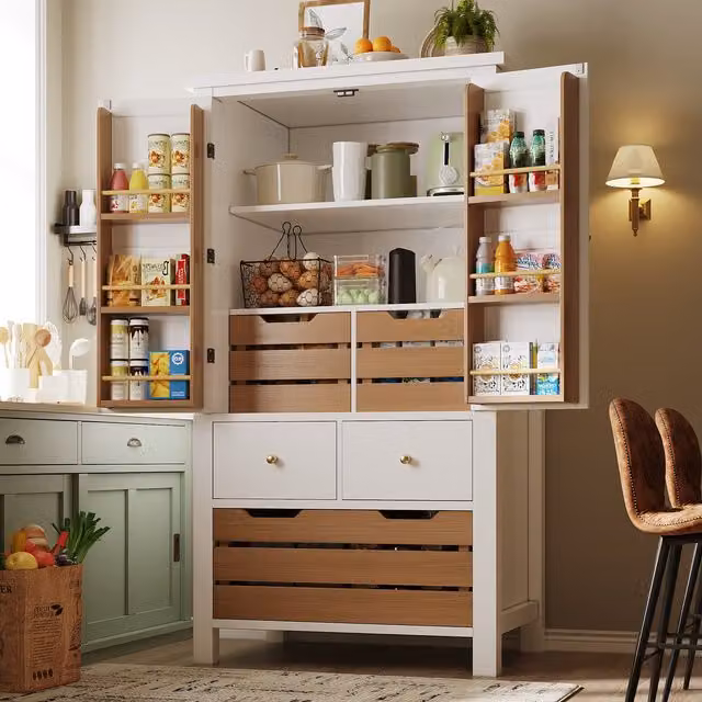 Aparador de cocina alto MODENVIE en color blanco con 2 puertas, 5 cajones y 2 estantes, An/P/Al: 80 x 40 x 140 cm
