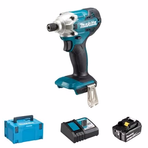 Destornillador de impacto Makita LXT 18V con 2 baterías de 3Ah y maletín Makpac, 155Nm, color azul