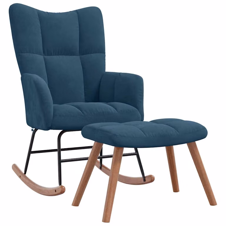 Mecedora moderna con taburete vidaXL en terciopelo azul y estructura de madera y metal