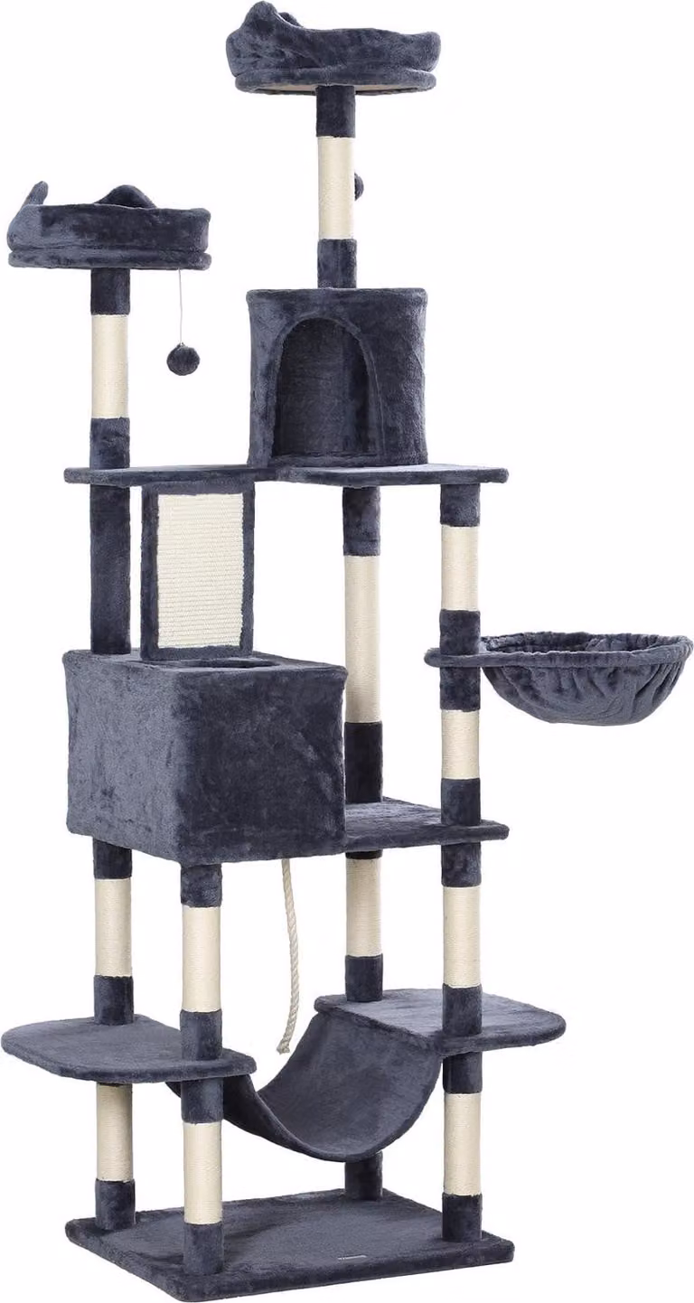 Árbol para gatos Northio con cueva, juguetes integrados y postes de sisal, Altura: 206 cm, Color: gris y blanco