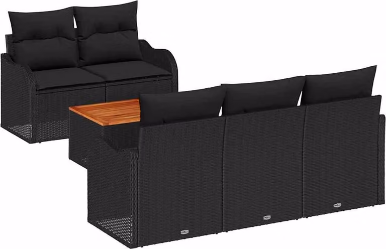 Conjunto de sofás de jardín Syfax de 6 piezas en ratán sintético negro con mesa de centro y cojines para terraza o balcón