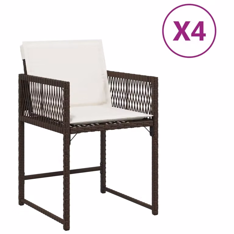 Set de 4 sillas de jardín Syfax en ratán sintético marrón con cojines blancos y reposabrazos