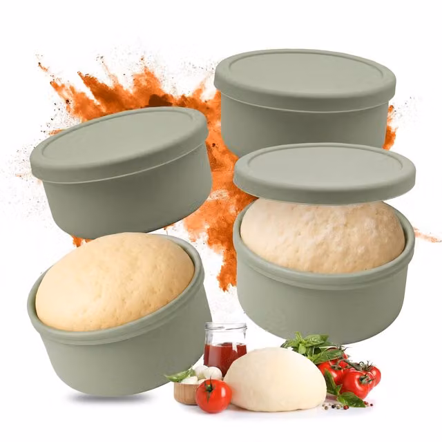 Set de 4 moldes de silicona para bolas de pizza relaxdays con tapa, color verde salvia, aptos para congelador, An: 14,5 cm, Al: 6,5 cm