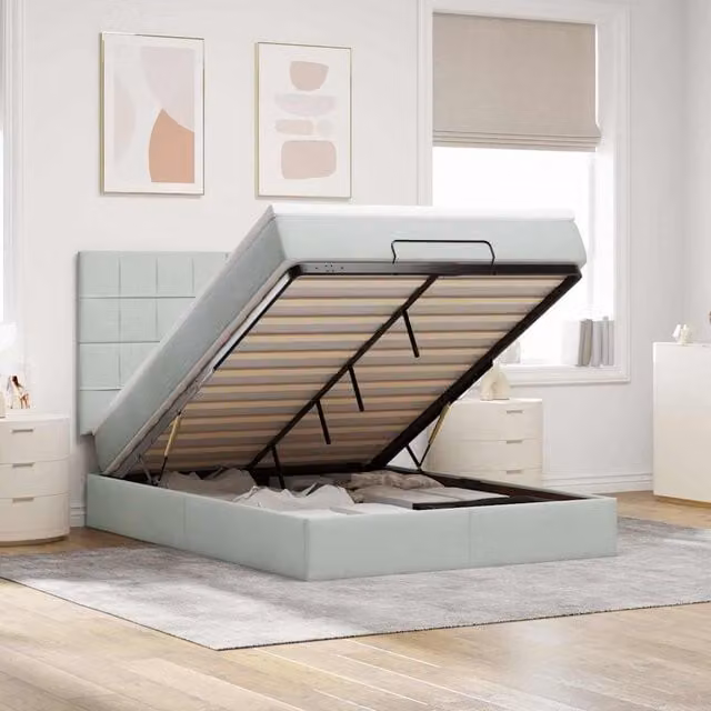Estructura de cama otomana Maison Exclusive en gris claro con base abatible y tapizado de terciopelo, An/P/Al: 140 x 190 x 128 cm
