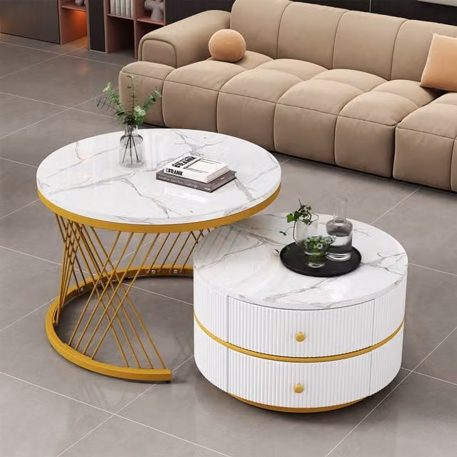 Juego de 2 mesas nido MODERNLUXE con 2 cajones, tapa con estampado de mármol abstracto y acabado brillante en blanco y dorado