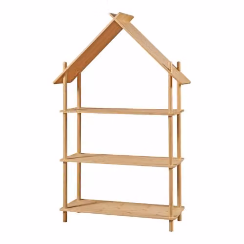 Librería infantil Helloshop26 de tres niveles con diseño de cabaña en bambú natural, color beige, An/P/Al: 137 x 30 x 90 cm