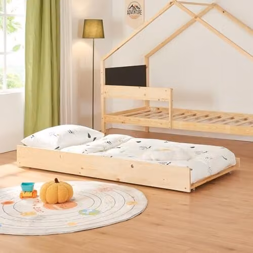 Cama nido infantil Montessori en madera de pino en.casa con cama extraíble y forma de casa, An/P/Al: 90 x 200 cm, color negro y marrón