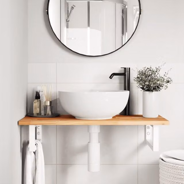 Estante de lavabo de pared SYFAX de madera de acacia aceitada y metal en color blanco y marrón An/P/Al: 40 x 3 x 40 cm