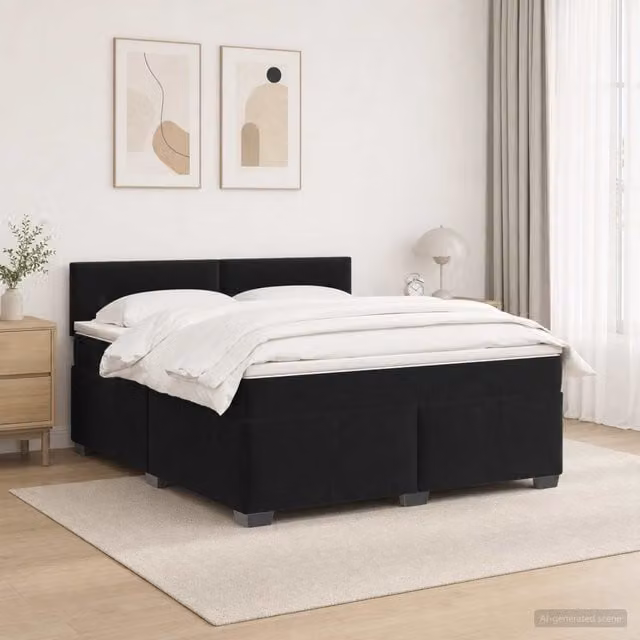 Cama Maison Exclusive con base tapizada en terciopelo, colchón híbrido y luz LED con puerto de carga USB, color negro, An/P/Al: 140 x 190 x 34 cm