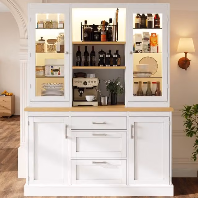 Aparador alto de cocina Hauss Spole en color blanco con iluminación LED integrada, estantes internos y cajones, An/P/Al: 140 x 40 x 185 cm