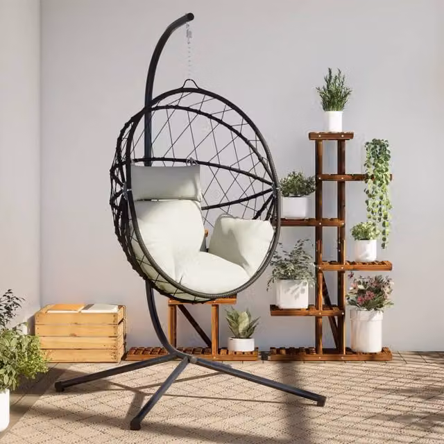 Silla colgante huevo vidaXL con soporte de ratán y acero en color beige y negro con cojines incluidos para jardín
