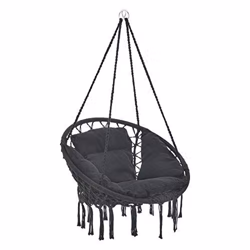 Silla Colgante Kailua de casa.pro con Cojín y Borlas Ornamentales en Algodón y Poliéster, Color Negro, Altura: 135 cm