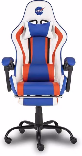 Silla Gaming Nasa Discovery para adultos en colores blanco, azul y rojo con acabado en piel sintética y reposacabezas