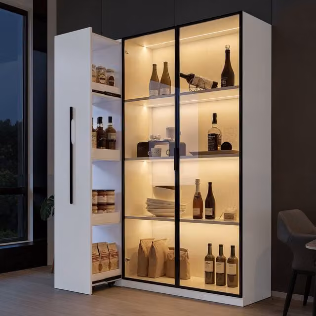 Vitrina Librería MODENVIE Blanca con Puertas de Cristal, Iluminación LED y Módulo Lateral Extraíble para Salón o Comedor, An/P/Al: 110,5 x 35 x 160 cm