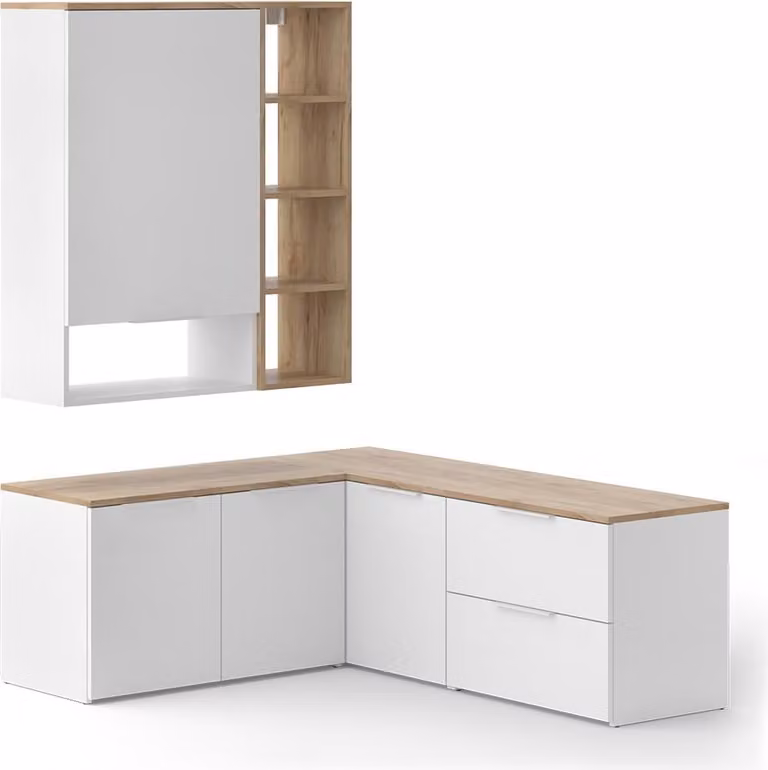 Conjunto de salón Vicco Wido de 5 piezas en blanco, diseño moderno con estantes y cajones