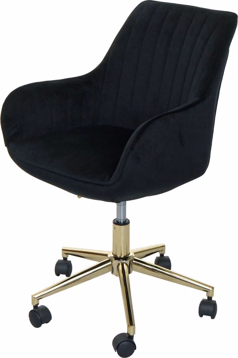 Silla de oficina Mendler giratoria con reposabrazos tapizada en tercivel negro y base dorada