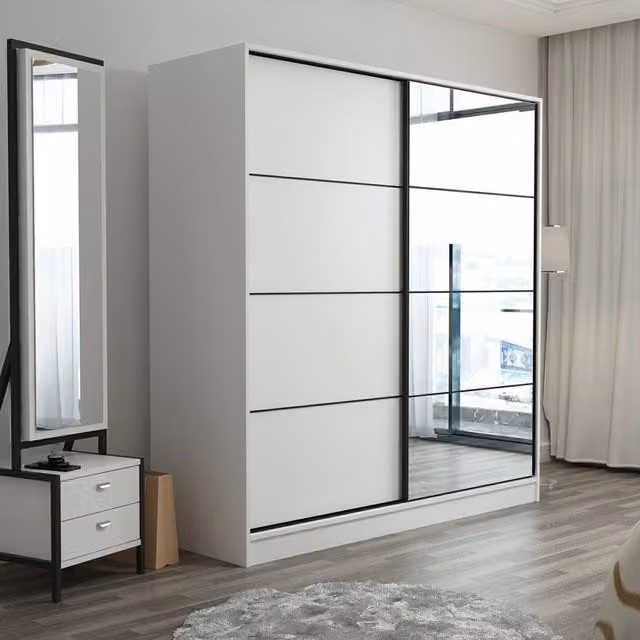 Armario de dormitorio Cascia DMORA con puertas correderas y espejo en color blanco, An/P/Al: 180 x 180 x 210 cm