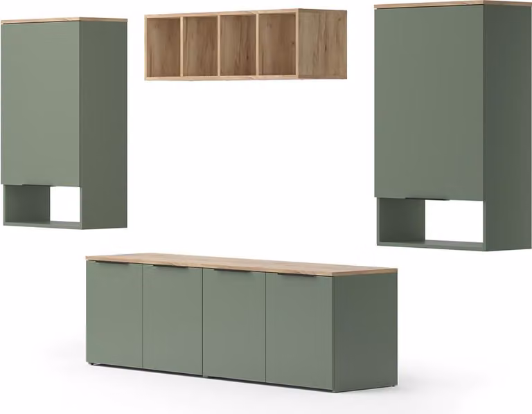 Conjunto de salón Vicco Wido moderno en color verde con estantes y cajones