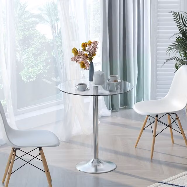Mesa de comedor redonda Homcom de vidrio templado transparente y acero plata An/P/Al: 70 x 70 x 74.5 cm