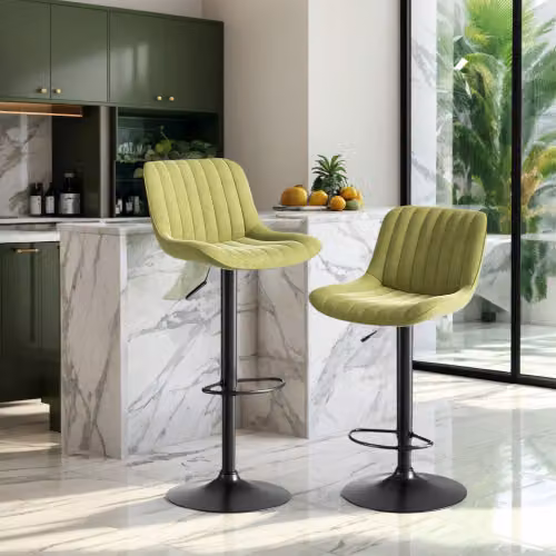 Lote de 2 taburetes de bar OKWISH de terciopelo verde con giro de 360 grados y altura regulable de 87 a 109 cm