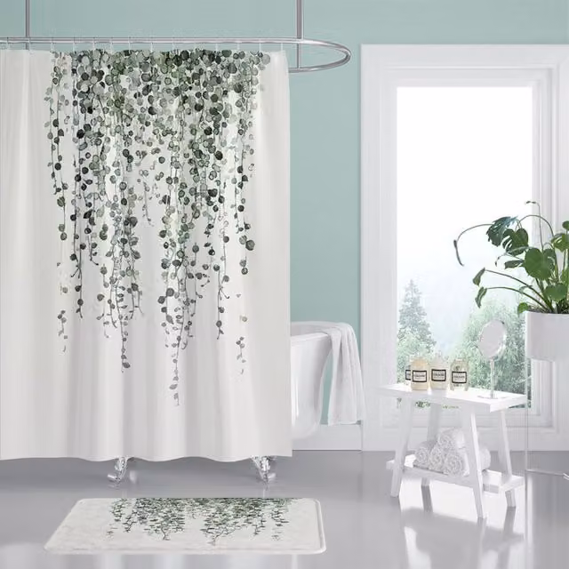 Cortina de ducha impermeable FNINIJEDE con diseño floral de hojas verdes en acuarela, An/P/Al: 180 x 180 cm
