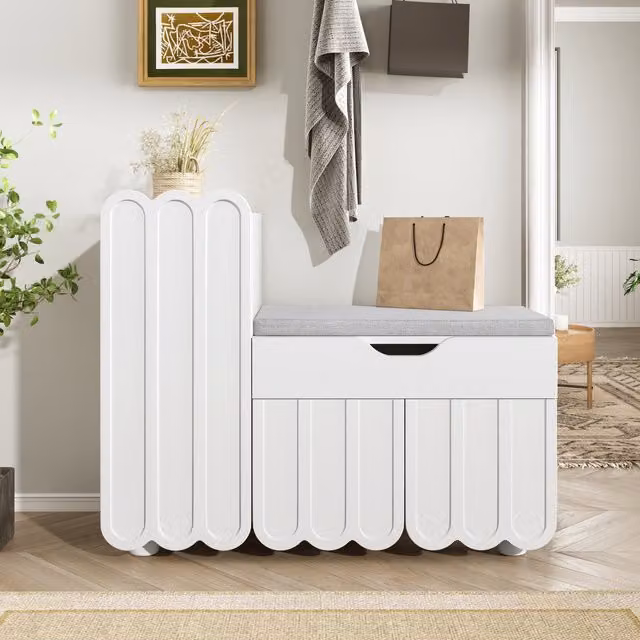 Zapatero con banco y cojín de asiento DREAMMESPACE de 3 puertas y cajón en color blanco, An/P/Al: 90 x 35 x 74,5 cm