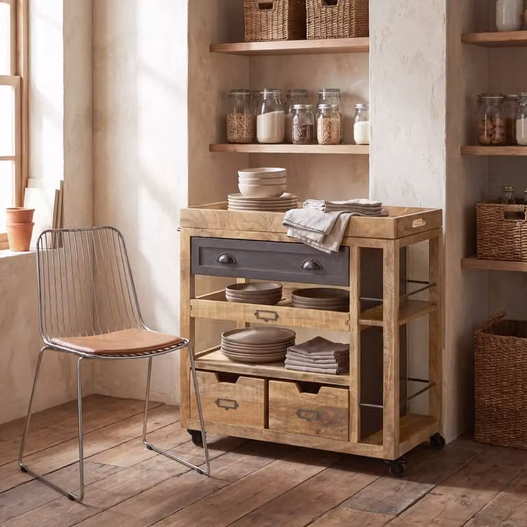 Isla de cocina con ruedas Maison Monde de estilo industrial en madera de mango y acero negro y marrón