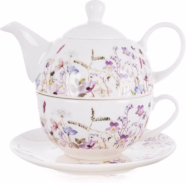 Set de Tetera y Taza de Porcelana Orion con Diseño Floral en Color Blanco, 3 Piezas