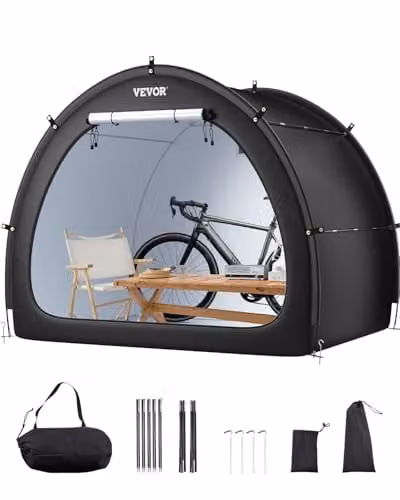 Cobertizo para bicicletas VEVOR impermeable en forma de abanico con ventana ventilada y postes de fibra de vidrio, color negro, An/P/Al: 219 x 155 x 173 cm