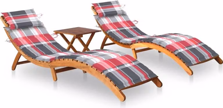 Set de 2 tumbonas con mesa y cojines de madera de acacia aceitada para jardín y terraza en color marrón y multicolor con diseño de cuadros