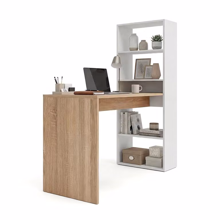 Mesa de escritorio moderna Duehome con estantería en blanco, gris y roble