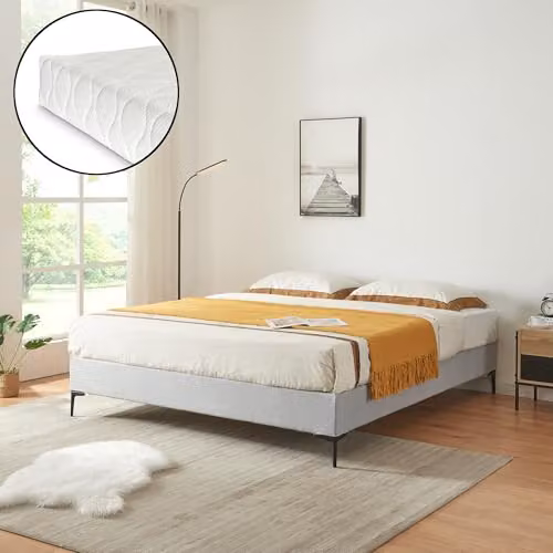 Cama doble Lilla de en.casa con colchón, estructura tapizada y patas de metal, Gris, 140 x 200 cm