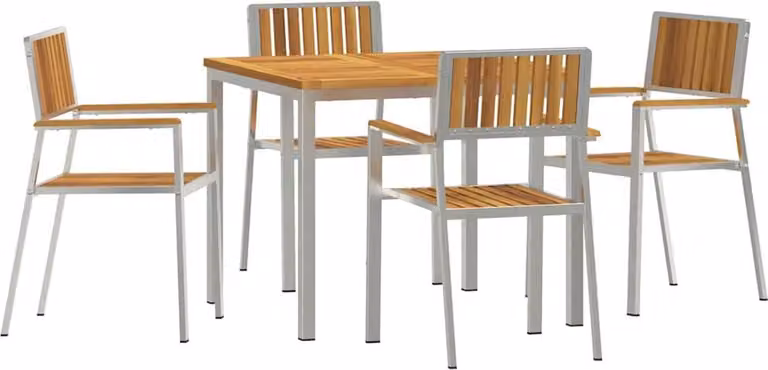Juego de comedor para exteriores Syfax de 5 piezas con mesa rectangular de acacia y estructura de acero inoxidable en colores marrón y plata