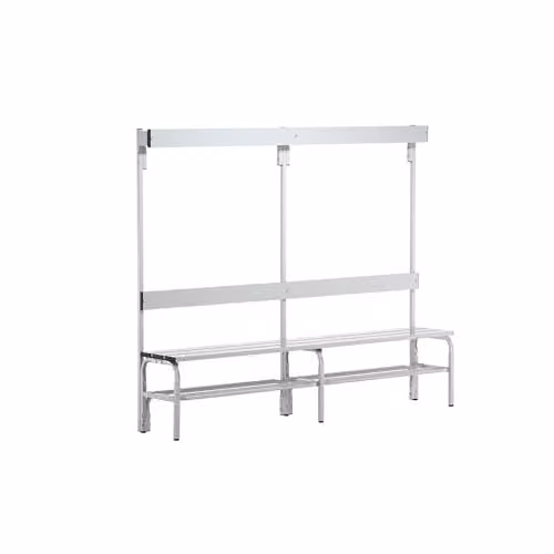 Banco de acero inoxidable Sypro para vestuarios con rejilla para zapatos y ganchos, gris, Al x An x P: 150 x 37,5 x 165 cm