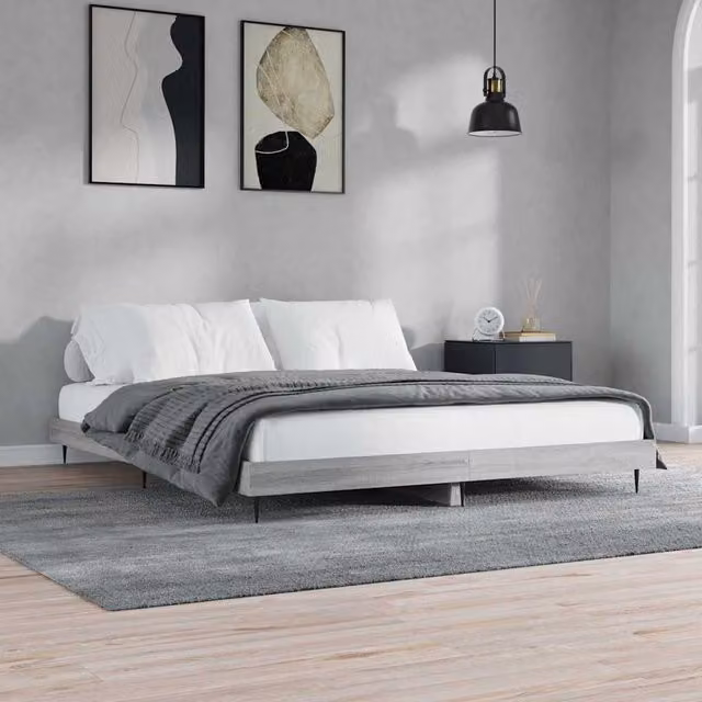 Estructura de cama Maison Exclusive en madera de ingeniería y metal, color gris sonoma, An/P/Al: 140 x 200 x 143 cm