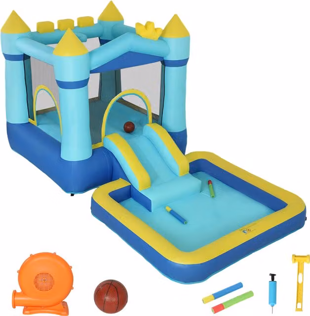 Castillo Hinchable AIYAPLAY con Tobogán, Cama Elástica, Piscina y Aro de Baloncesto para Niños de 3 a 8 Años, Azul