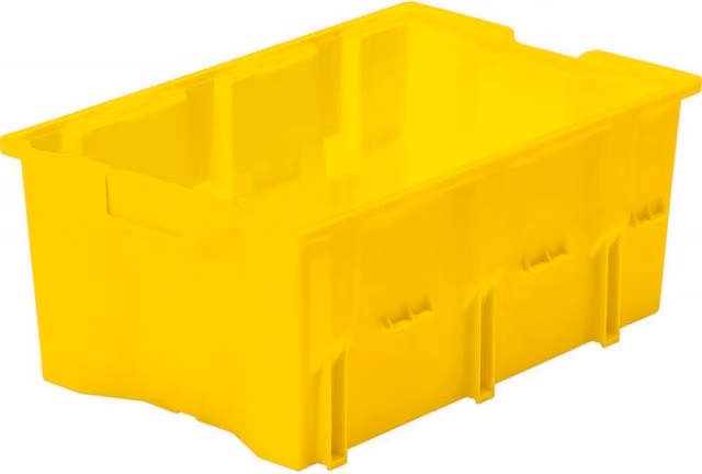Pack de 10 cajas de estantes apilables DLK 1 de FP en color amarillo de plástico con diseño abierto