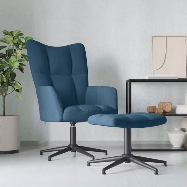 Sillón de relax con taburete vidaXL en terciopelo azul con estructura de metal y giro de 360 grados
