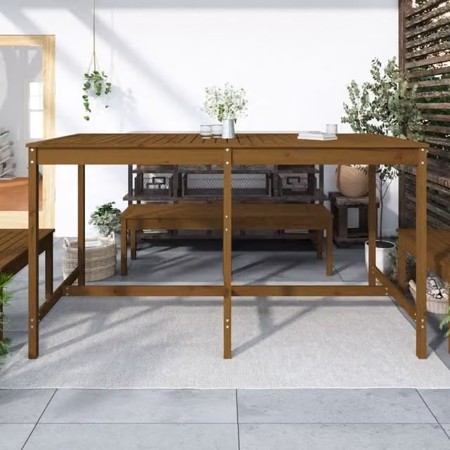 Mesa de jardín SYFAX de madera maciza de pino en color marrón, diseño rústico rectangular, An/P/Al: 203,5 x 90 x 110 cm