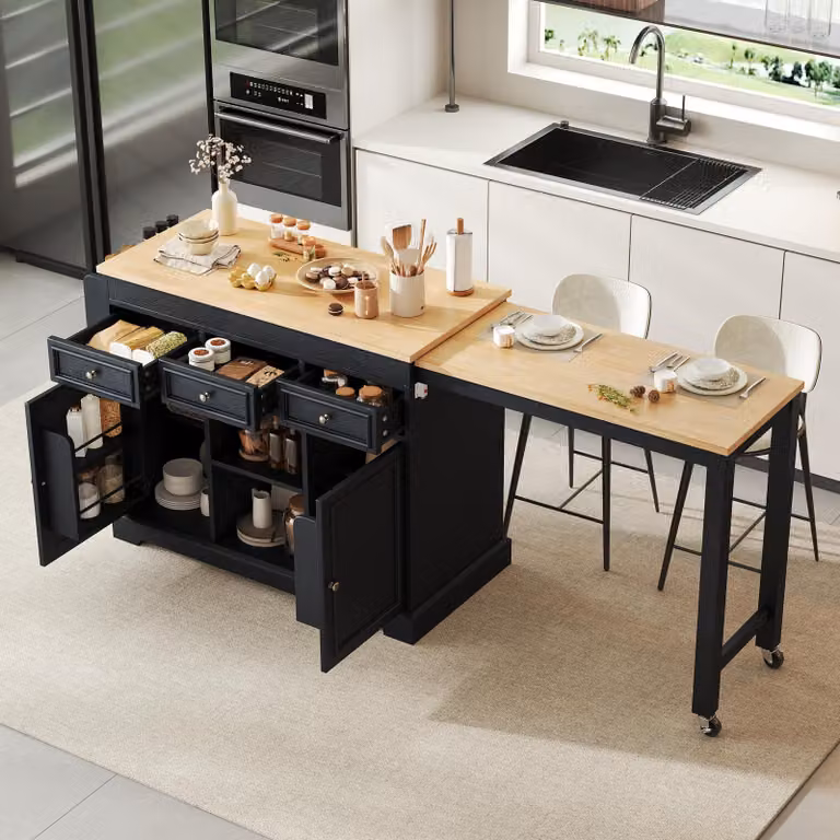 Isla de cocina multifuncional OKWISH con superficie extensible, estante para especias, cajones y ruedas, disponible en beige o negro
